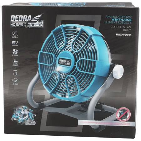 Акумулаторен вентилатор DEDRA DED7074 18V, 230 mm / 9", 2 скорости, регулиране на посоката на духане, може да се окачва