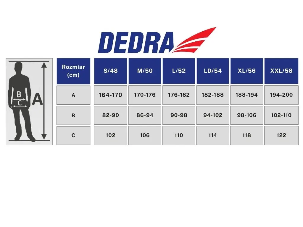 Таблица с размери за работни панталони DEDRA