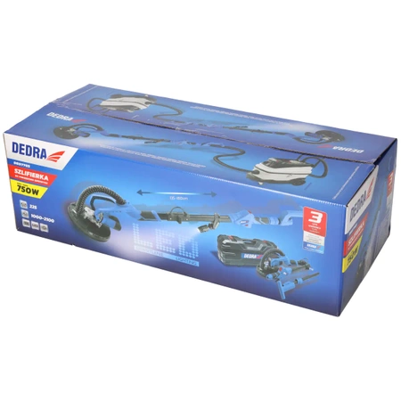 DEDRA DED7765 750W, 225mm, LED svítilna s osvětlením, pro sádrokartonové desky s převodovkou, žirafí bruska, přepravní kufr