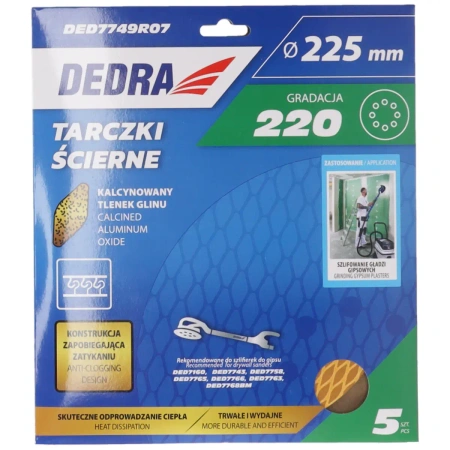 Ummistumisvastased lihvimiskettad 225mm, #220, Velcro, 5 tk komplekt, DEDRA DED7749R07