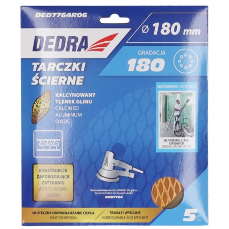 Discuri abrazive anti-înfundare 180mm, #180, Velcro, set de 5 buc, DEDRA DED7764R06