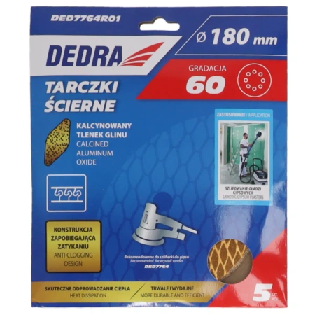 Anti-clog abrasive discs 180mm, #60, velcro, set of 5pcs, DEDRA DED7764R01