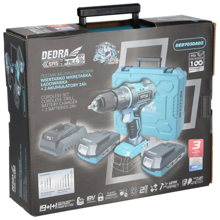 Set de unelte în valiză DEDRA SAS+ALL DED7030A02, șurubelniță cu acumulator, două baterii de 2Ah, încărcător, 9 accesorii