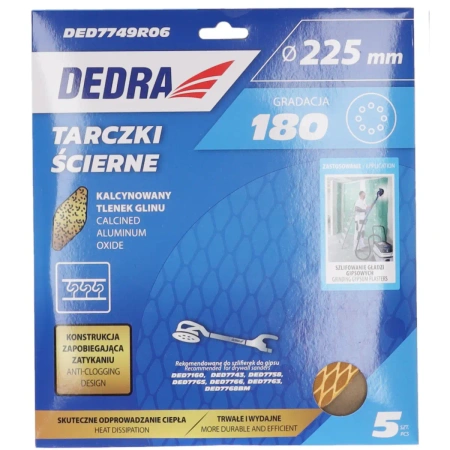 Dugulásgátló csiszolókorongok 225mm, #180, tépőzáras, 5 db-os készlet, DEDRA DED7749R06
