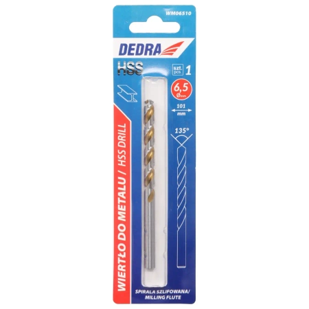 DEDRA свредло за метал WM06510 HSS, стомана 4341, 135°, 6,5x101mm, 1бр.