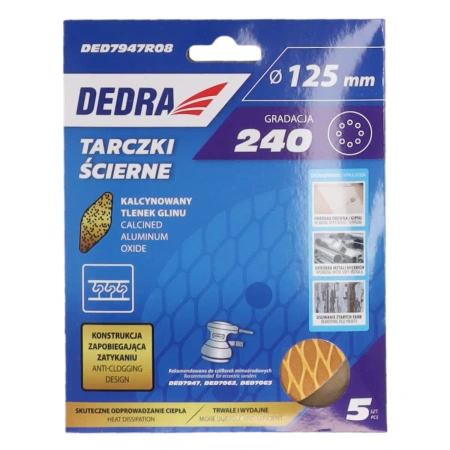 Dugulásgátló csiszolókorongok 125mm, #240, tépőzáras, 5 db-os készlet, DED7947R08