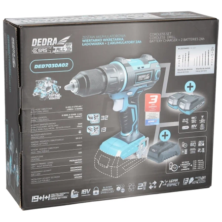 Tool set in a case DEDRA SAS+ALL DED7030A02, cordless drill, two 2Ah batteries, charger, 9 accessories.