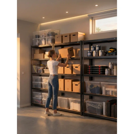 Metāla noliktavas plaukts DEDRA N1411, 5 MDF plaukti, izmēri 180x90x40 cm, melns