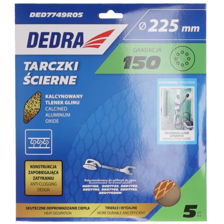 Dugulásgátló csiszolókorongok 225mm, #150, tépőzáras, 5 db-os készlet, DEDRA DED7749R05