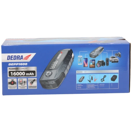 Power bank indítófunkcióval DEDRA DEPP1600, Li-Ion 16000mAh, LCD kijelző