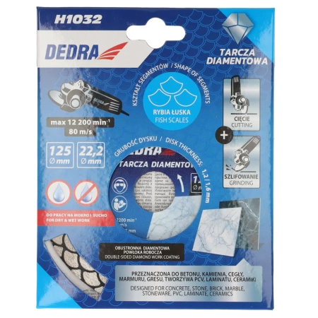 Hõbeda lõpp koos kala soomuste segmentidega, lõikeplaat DEDRA H1032, märg lõikamine, kuiv lõikamine, diameeter 125 mm