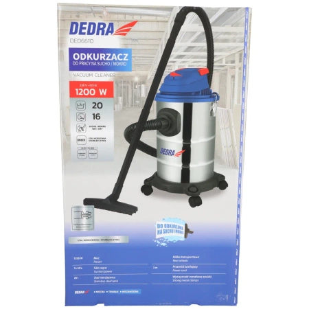 Odkurzacz do pracy na sucho/mokro DEDRA DED6610, moc 1200W, pojemność 20 l, filtr bawełniany + worek