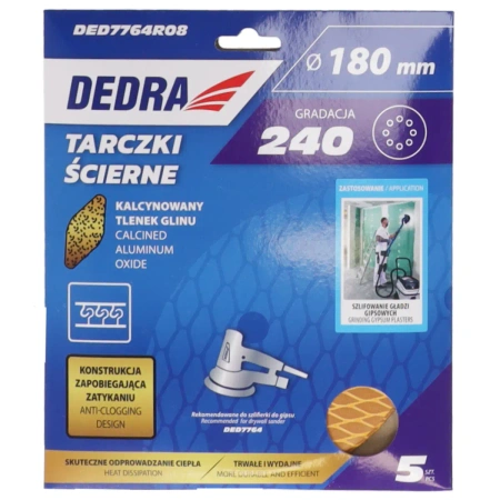Abrazyviniai diskai nuo užsikimšimo, 180 mm, Nr. 240, velcro, 5 vnt., DEDRA DED7764R08