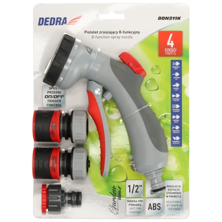 Komplekt 4tk. kastmissüsteemi jaoks: 8-funktsiooniline pihustuspüstol TRIGGER CONTROL, kraaniühendus ja 2x kiirliitmikud GARDEN DEDRA 80N211K