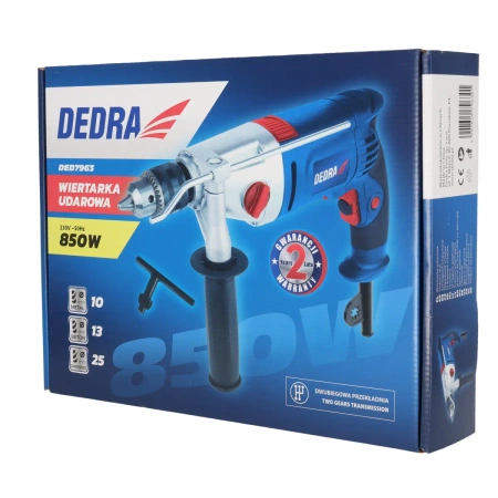 Wiertarka udarowa DEDRA DED7963 850W, dwa biegi, 0-1200, 0-2600 obr/min, uchwyt kluczykowy 13mm, korpus aluminiowy