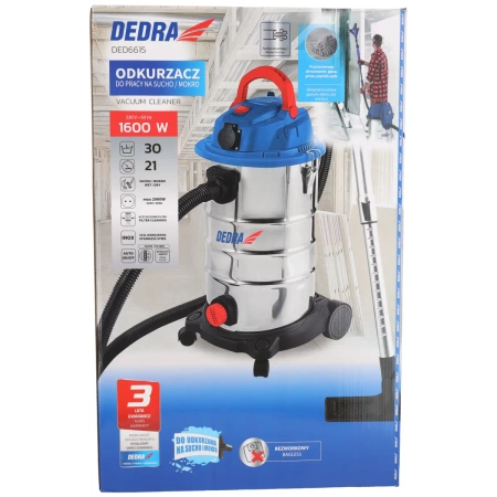 Vacuum cleaner with a mechanical shaker for dry/wet cleaning DEDRA DED6615, 1600W, 30 l container, metal telescopic tube