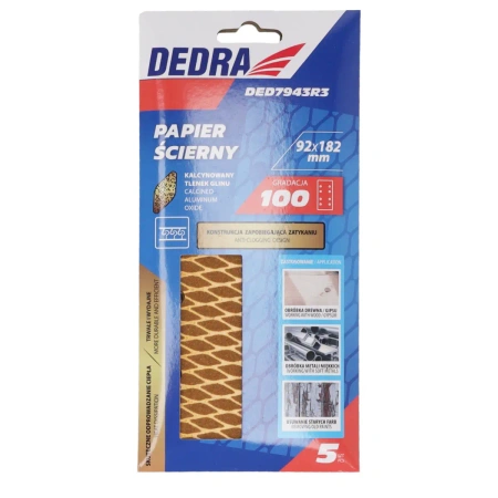 Brusni papir Anti-clog #100, 92x182mm, velcro, 5 kosov DEDRA DED7943R3