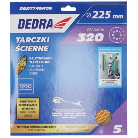 Anti-clog sanding discs 225mm, #320, Velcro, set of 5pcs, DEDRA DED7749R09