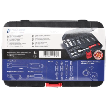 Ratcsos sarokkulcsok, DEDRA 17L5001, 6-19mm, CrV, 20db, cserélhető fejekkel