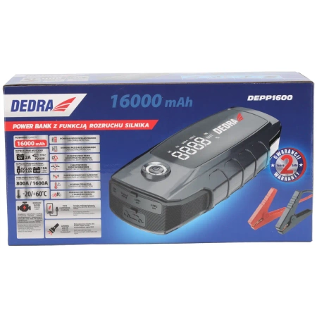 Power bank indítófunkcióval DEDRA DEPP1600, Li-Ion 16000mAh, LCD kijelző