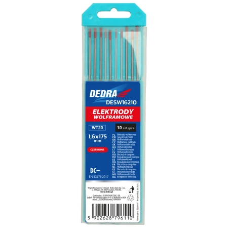 TIG tungsten electrode 2,0x175 mm, red, DEDRA DESW20210, 10 pcs in a box