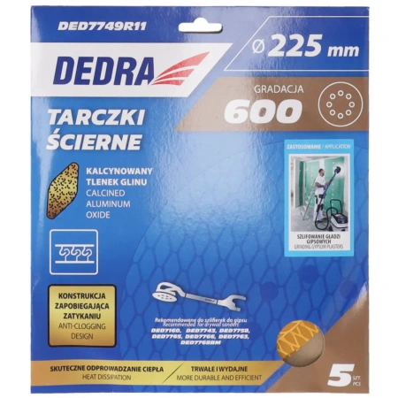 Anti-clog sanding discs 225mm, #600 Velcro, set of 5pcs, DEDRA DED7749R11