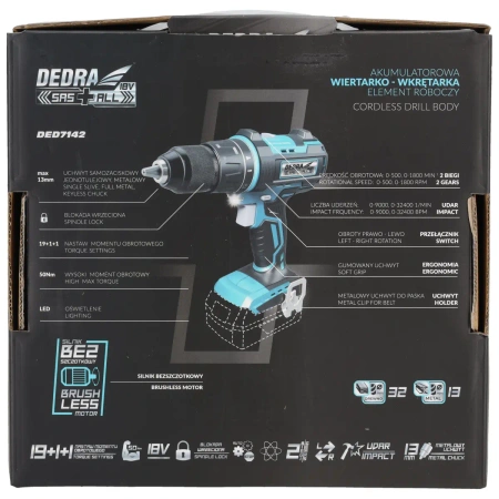 Akumuliatorinis gręžtuvas / gręžtuvas, 18 V, DEDRA SAS+ALL DED7142 50Nm, 13 mm, su smūgio funkcija, be šepetėlių