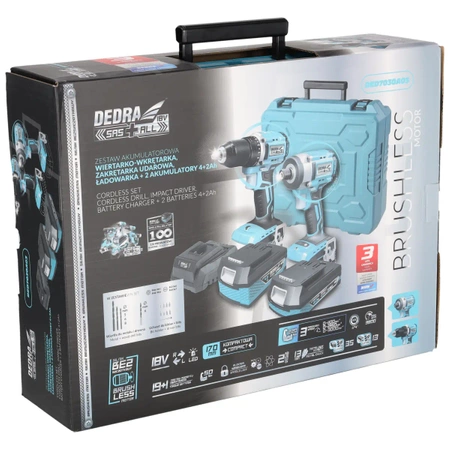 Set de unelte în valiză DEDRA SAS+ALL DED7030A03, șurubelniță, cheie cu impact, două baterii (2Ah și 4Ah), încărcător, accesorii 13 buc.