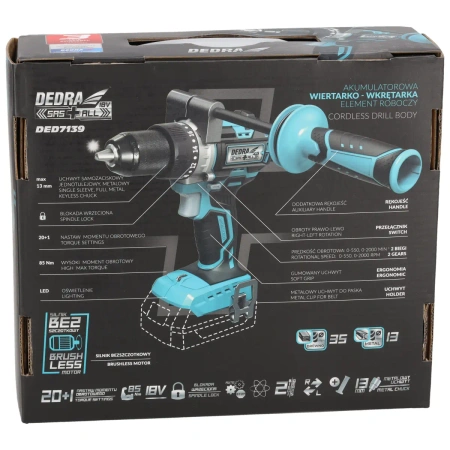 DEDRA SAS+ALL DED7139 akkumulátoros 18 V-os kefe nélküli fúró/csavarozó