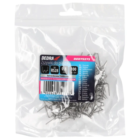 Tűzőkapocs műanyaghoz, DEDRA DED75273 RS28 típus, 0,8mm, nagy hullám, 100db
