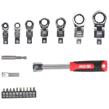 Klucze kątowe z grzechotką, Hillen&Mohr 17L5001, 6-19mm, CrV, 20szt, wymienne głowice