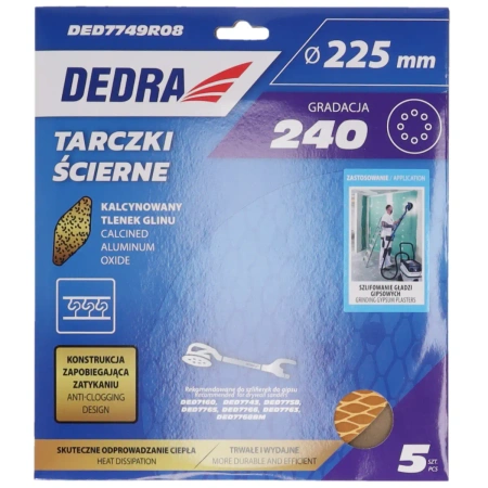 Anti-clog sanding discs 225mm, #240, Velcro, set of 5pcs, DEDRA DED7749R08