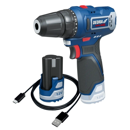 Komplet električnega orodja DEDRA MAUS DED7310T01: akumulatorski vrtalni vijačnik 12V DED7330, 32 Nm, akumulator 2 Ah DED7320, polnilni kabel USB-C DED7300