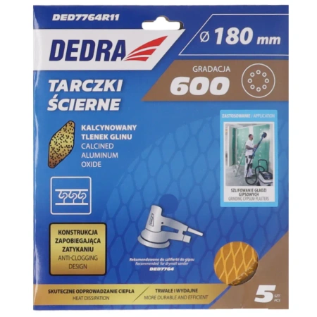 Anti-clog abrasive discs 180mm, #600, velcro, set of 5pcs, DEDRA DED7764R11