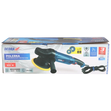 Excentricko-rotační leštička DEDRA DED7991, výkon 900W, otáčky 1500-4500 RPM, dva vyměnitelné kotouče 125/150mm
