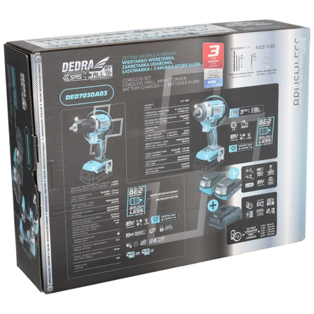 Tool set in a case DEDRA SAS+ALL DED7030A03, screwdriver, impact wrench, two batteries (2Ah and 4Ah), charger, accessories 13 pcs.