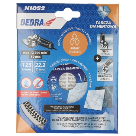 Diamantna ploča s segmentom tipa romb, DEDRA H1052 ploča za rezanje, mokro rezanje, suho rezanje, promjer 125 mm