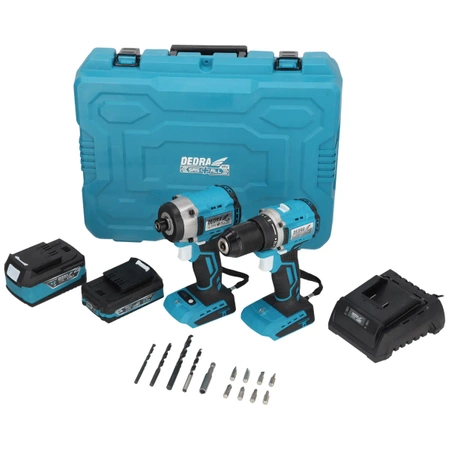 Tool set in a case DEDRA SAS+ALL DED7030A03, screwdriver, impact wrench, two batteries (2Ah and 4Ah), charger, accessories 13 pcs.