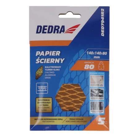 Шліфувальний папір delta Anti-clog #80, 140x140x80мм, на липучці, 5шт, DEDRA DED7941R2