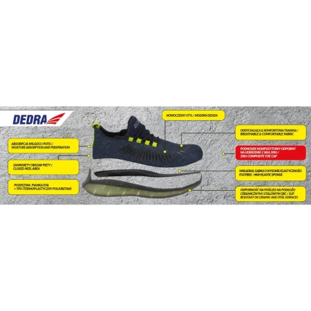 Pantofi de siguranță cu vârful compozit DEDRA BH9M82AV-39, croială sport, mărimea 39, categoria S1 SRC