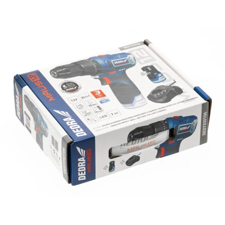 DEDRA MAUS DED7310T06 elektrinių įrankių rinkinys: Akumuliatorinis smūginis grąžtas 12V DED7331, 45 Nm, 2 Ah akumuliatorius DED7320, įkroviklis DED7302