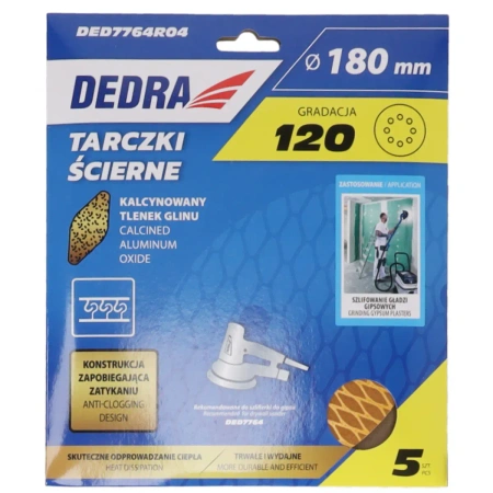Brusné kotouče proti ucpávání 180 mm, č. 120, na suchý zip, sada 5 ks, DEDRA DED7764R04