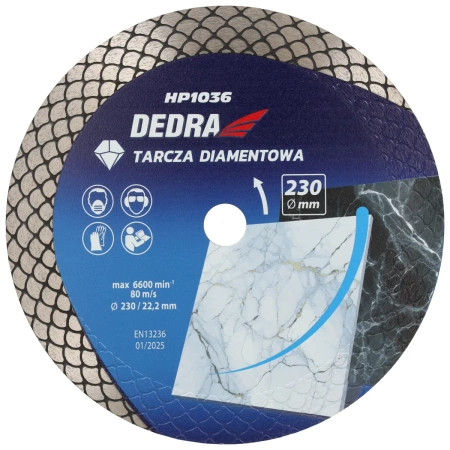 Disc diamantat cu segment tip solzi de pește, disc de tăiere DEDRA H1036, tăiere la umed, tăiere la uscat, diametru 230 mm
