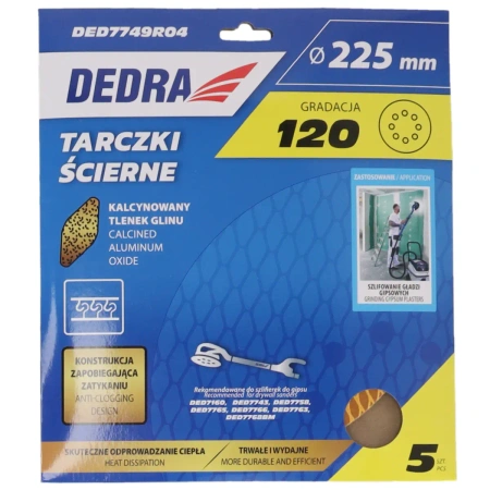 Anti-clog sanding discs 225mm, #120, Velcro, set of 5pcs, DEDRA DED7749R04