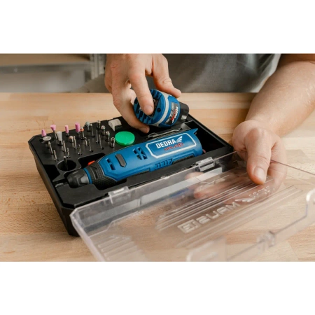 Power tool set DEDRA MAUS DED7310T10: 12V cordless mini grinder DED7340Z1 + 47 accessories, 32 Nm, 2 Ah battery DED7320, USB-C charging cable DED7300