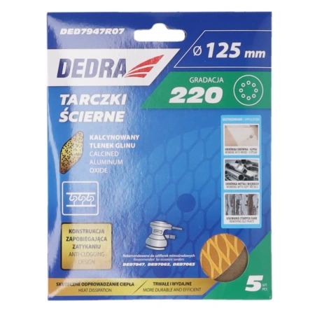 Discuri abrazive anti-înfundare 125mm, #220, Velcro, set de 5 buc, DED7947R07