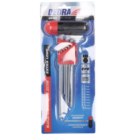 Комплект шестограмни ключове, HEX, шестограмни, шестограмни DEDRA 0653 CrV, с топче, реверсивен, метричен, 215mm, 9бр.