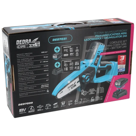 18 V akumulatora instrumentu komplekts DEDRA SAS+ALL DED7031: ķēdes zāģis, 2,0 Ah akumulators, lādētājs