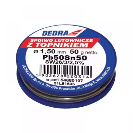 Joodis koos jootevahendiga, jootetäidis DEDRA 31L51505 1.5mm, 50g, 50%SN, Pb50Sn50