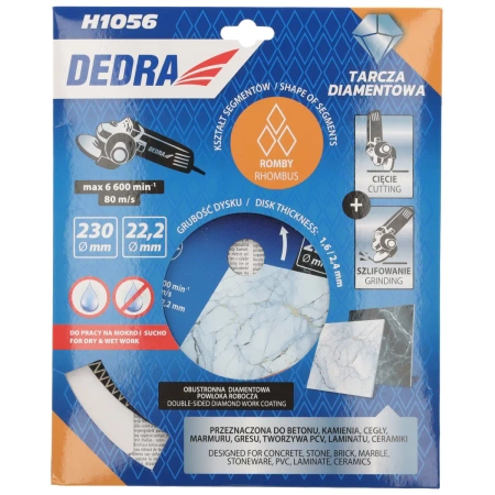 Tarcza diamentowa z segmentem typu romb, tarcza do cięcia DEDRA H1056, cięcie na mokro, cięcie na na sucho, średnica 230 mm